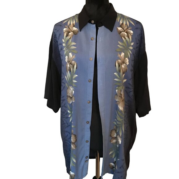 Pierre Cardin Two-Tone Rayon Shirt: Tropical Floral Blue Black, Men’s Size Large - Picture 4 of 8